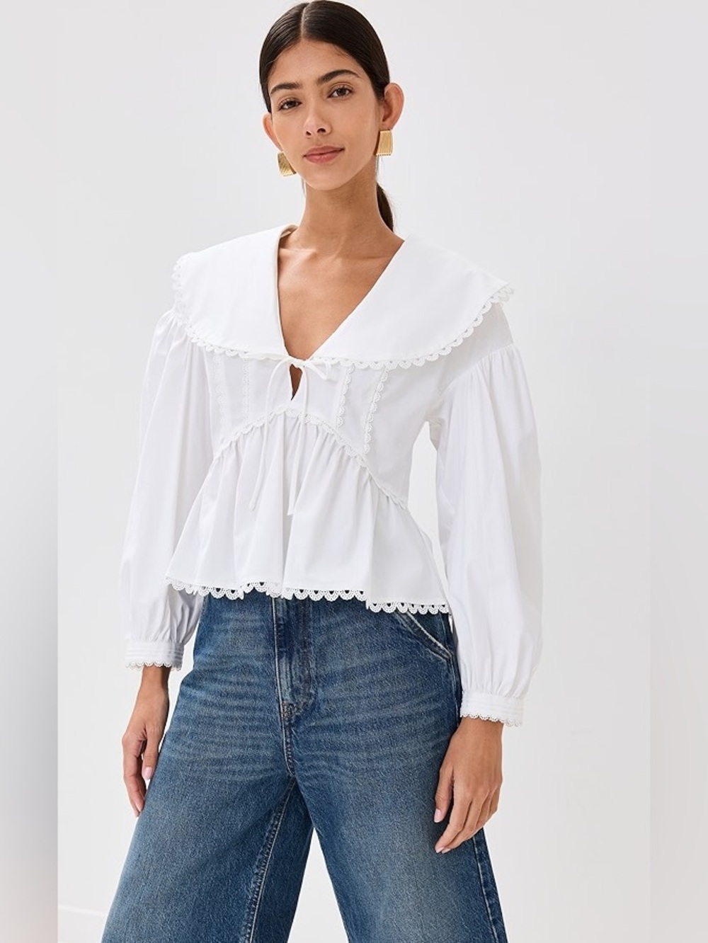 NEW Reformation Renna Top, lace sailor collar, white cotton poplin, size 4 - Picture 4 of 16